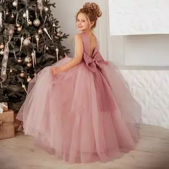 Платье подружки невесты с большим бантом для девочек, длинное белое свадебное платье для выпускного вечера, пышное платье принцессы для первого причастия, официальное бальное платье на день рождения 2 темно-красного