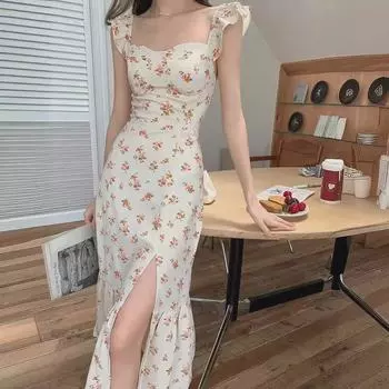 Платье-подтяжка с французским цветочным принтом Tea Break - чистое летнее желание, сладкая и пряная, сексуальная юбка средней длины с разрезом. Small