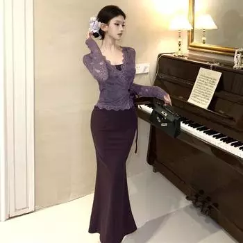 Платье-подтяжка в стиле ретро Pure desire + наружный кружевной кардиган для женщин S