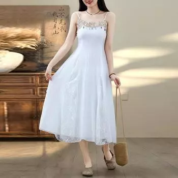 Платье-подтяжка в стиле ретро с кружевом в стиле бохо на берегу моря, тонкое и темпераментное длинное летнее платье для женщин M белый