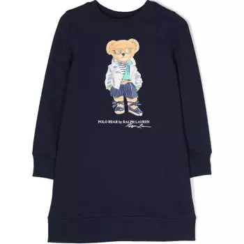 Платье Polo Ralph Lauren Ss24 с принтом букв, круглым вырезом, длинными рукавами, детские платья, цвет темно-синий 313926021-001 L