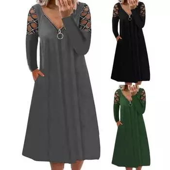 Платье повседневное дышащее повседневное платье с большим подолом с длинным рукавом и средней талией платье со стразами женское платье для повседневной жизни 3XL чёрный