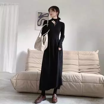 Платье-праймер французской вязки, детское, на осень и зиму, легкое и привычное в стиле королевской сестры, с пальто и юбкой-свитером внутри. one size fits all чёрный