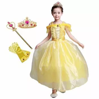 Платье Принцесса Платье Тиара Палка Перчатки 4 шт Детский костюм Желтый Девочки 100 110 120 130 140 100 см 110 см 120 см 130 см 140 см [MANAMANA] Детский жёлтый