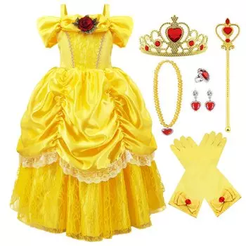 Платье принцессы Белл для детей и чудовища, роскошное детское желтое платье для сцены, подарок на день рождения [TYHTYM], детское платье, (Красота + Тиара и т.д.), 7-частный