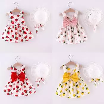 Платье принцессы без рукавов с клубничным принтом для маленьких девочек, одежда со шляпой 80/5 розовый