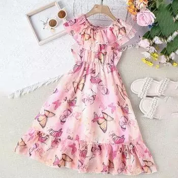 Платье принцессы без рукавов с принтом бабочки и рюшами на подоле, детская летняя одежда 120