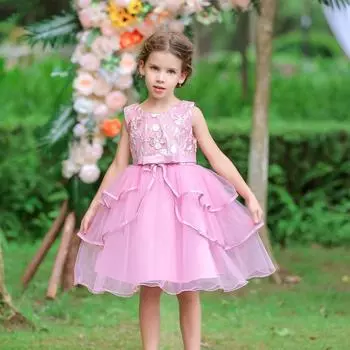 Платье принцессы для девочек без рукавов длиной до колена, платье для подиума, платье с цветочным узором для девочек 100cm (Height 90-100cm) красный