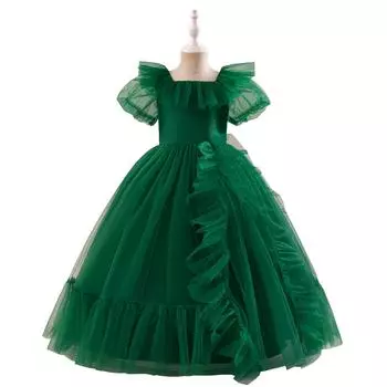 Платье принцессы для девочек-цветочниц на свадьбу, летнее детское торжественное длинное платье с бантом для школьного вечера, вечеринки, детского новогоднего платья LP-523 130 зелёный