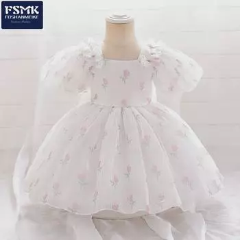 Платье принцессы для девочек-цветочниц с рукавами-фонариками и юбкой из цветочного сетчатого тюля для свадеб и дней рождения 2-3 Years