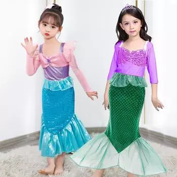Платье принцессы для девочек, летний костюм Русалочки, детское нарядное платье для дня рождения, одежда с длинными рукавами для девочек 150
