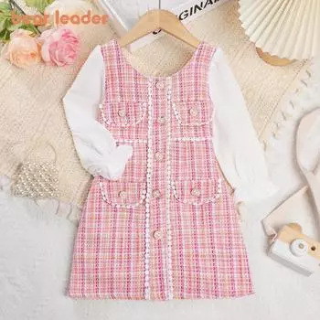 Платье принцессы для девочек-лидеров с жемчугом и ароматными пуговицами, с круглым вырезом и длинными рукавами, весенне-осенняя детская одежда AM1696 3T
