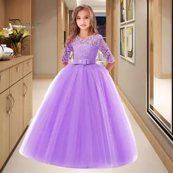Платье принцессы для девочек с цветочным кружевом и половиной рукавов с круглым вырезом и бантом, элегантное детское пышное тюлевое длинное платье макси, свадебное торжество, вечеринка, выпускной, торжественный бал 130cm розовый