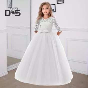 Платье принцессы для девочек с цветочным кружевом и половиной рукавов с круглым вырезом и бантом, элегантное детское пышное тюлевое длинное платье макси, свадебное торжество, вечеринка, выпускной, торжественный бал 130cm фиолетовый