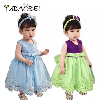 Платье принцессы для девочек с повязкой на голову с бантом, детское однотонное кружевное платье-пачка без рукавов для свадебной вечеринки, детское платье на крестины, платья принцессы 0-3m белый