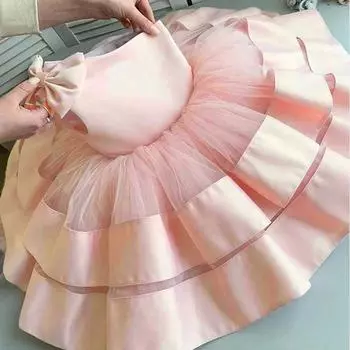 Платье принцессы для девочки с бантом на свадьбу, выпускной, элегантное платье-пачка на первый день рождения, платье-конкурс, первое причастие, детская одежда 6-9M розовый