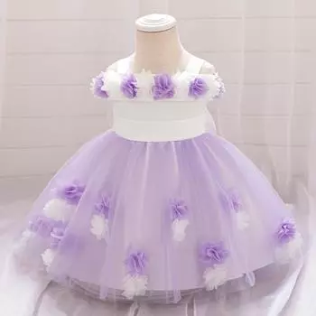Платье принцессы для годовалой девочки: Цветочное сетчатое платье с открытыми плечами для выступления 90cm/12-18M