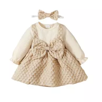 Платье принцессы для маленьких девочек, платье трапециевидной формы с длинными рукавами и бантом контрастного цвета и повязка на голову для праздничной вечеринки 3 Years бежевый