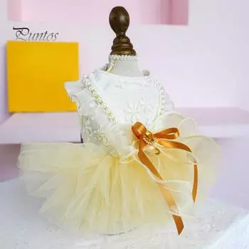 Платье принцессы для собак с бантами, декором из жемчуга, многослойное дышащее свадебное платье из сетки, одежда для домашних животных без рукавов на кнопках для повседневной носки, фотография M