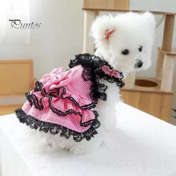 Платье принцессы для собак с кружевом и бантами из мягкой, приятной для кожи клетчатой ткани, многослойное дышащее свадебное платье для домашних животных для маленьких и средних собак S