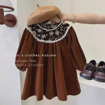 Платье принцессы из бархата в стиле Хепберн с цветочным принтом в стиле ретро для девочек — с длинными рукавами, идеально подходит для весны и осени, корейский дизайн. Size 130 чёрный