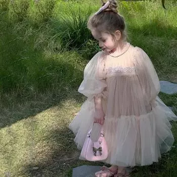 Платье принцессы из кружева и пышного тюля для девочек — идеально для весенних дней рождения 130 cm оранжевый/розовый
