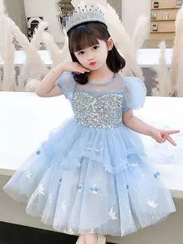 Платье принцессы Эльзы для девочек 2025 года - платье для дня рождения Ice & Snow, летний тренд 140 cm светло-синий