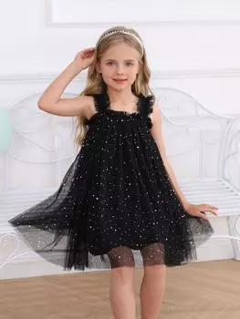 Платье принцессы на бретельках из сетки для девочек - Пышный стиль для детей 110 чёрный