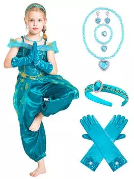 Платье принцессы, роскошный комплект из 9 предметов, детский костюм для косплея для девочек, перчатки, ожерелье, серьги, браслет, повязка на голову [IKALI] (Платье + + + + + + Нить) зелёный