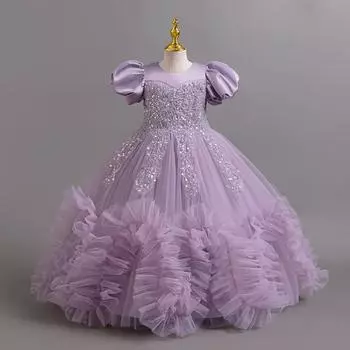 Платье принцессы ручной работы для девочек с бисером, юбкой из сетчатого тюля и рукавами-грибками для выступления, дня рождения или танцев 110 cm фиолетовый