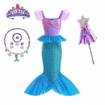 Платье принцессы Русалочки для девочек, фатиновый карнавальный костюм с короткими рукавами, детская карнавальная одежда на день рождения, Хэллоуин 100 синий/фиолетовый