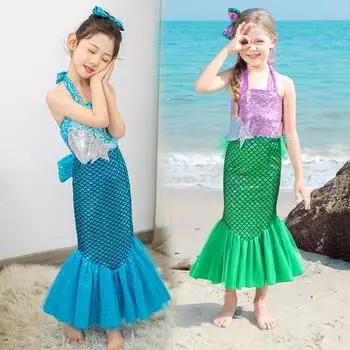 Платье принцессы Русалочки для девочек, платье с блестками, бальное платье, платье для выступлений, детский нарядный костюм, одежда на Хэллоуин - костюмы для косплея 130