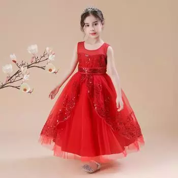 Платье принцессы с блестками, свадебное платье, длинное детское платье с пышным цветочным узором для девочек 120cm красный