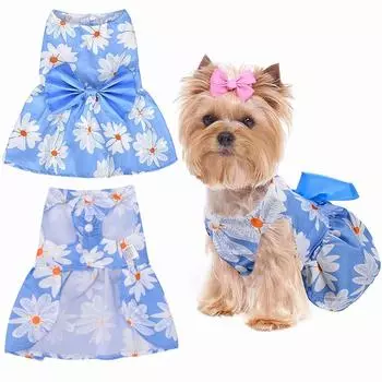 Платье принцессы с цветочным принтом для домашних животных, дизайн с большим бантом, легкая, мягкая, регулируемая одежда для собак и кошек для прогулок светло-синий