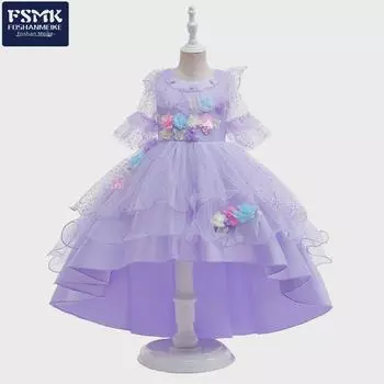 Платье принцессы с цветочным узором и бисером 2024 года для детей – европейский и американский стили, маленькие и средние размеры, с 3D-цветами и шлейфовым узором. 100cm