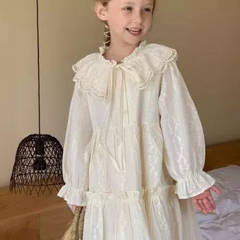 Платье принцессы с длинными рукавами и кружевом с отворотом для девочек, весна 2025 г. - стильная корейская версия 130 cm белый