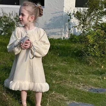 Платье принцессы с длинными рукавами во французском стиле для девочек весна-лето 2025 с узором из лепестков 90 cm белый