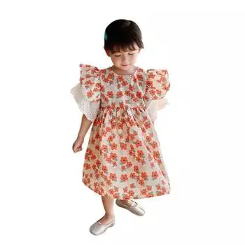 Платье принцессы с принтом на манжетах для девочек, одежда для маленьких девочек, большое кружевное платье 120