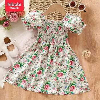 Платье принцессы с пышными рукавами и гофрированными рукавами hibobi для девочек, розовое платье принцессы с цветочным принтом в романтическом стиле отпуска на лето 18-24 Months розовый