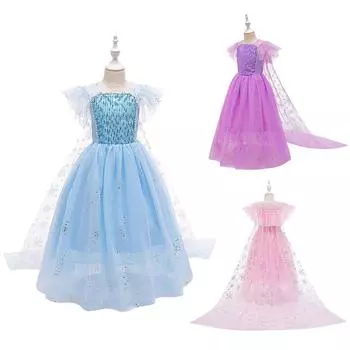 Платье принцессы с рисунком снега и звезды, детская одежда для косплея, праздничное сетчатое длинное платье подружки невесты 110cm розовый