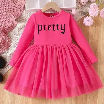 Платье принцессы в европейском и американском стиле с длинными рукавами и узором из сетки с буквами 140cm как