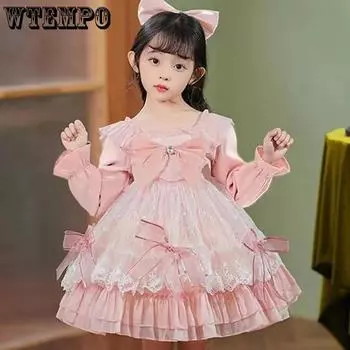 Платье принцессы в стиле Лолиты для девочек, весенне-осеннее детское розовое платье с длинными рукавами, кружевное украшение с бантом, милая юбка трапециевидной формы, комплект феи 150 розовый