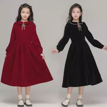 Платье принцессы в стиле ретро красного цвета с маленьким лацканом для девочек — коллекция осень-зима 2024 г. 140cm