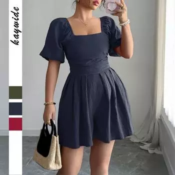 Платье простого фасона с плиссированным квадратным воротником для женщин на весну и лето S темно-синий