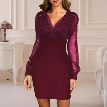 Платье Прозрачная сетка Рукава V-образный вырез Плиссированные Высокая талия Оболочка Сплошной цвет Ретро Пэчворк M чёрный