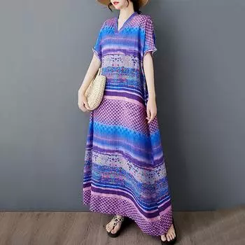 Платье-пуловер с V-образным вырезом и принтом XITAO ZMY1040 One Size фиолетовый