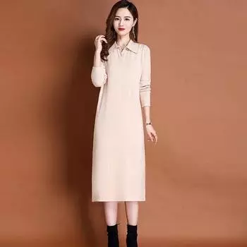 Платье-пуловер-свитер, вязаное платье средней длины, осень-зима 2023, универсальный однотонный свитер с длинными рукавами, женский One Size бежевый