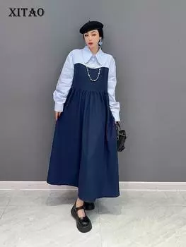 Платье-пуловер XITAO с отложным воротником в стиле пэчворк WLD16269