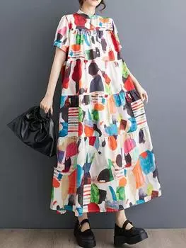 Платье-пуловер XITAO с воротником-стойкой и коротким рукавом длиной до щиколотки DMJ4103 One Size