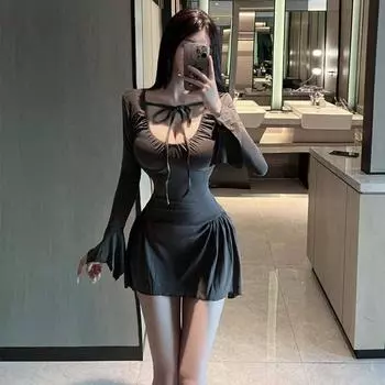 Платье Pure desire Spice Girl с глубоким вырезом, шнуровкой на талии, облегающее, с длинными рукавами S серый